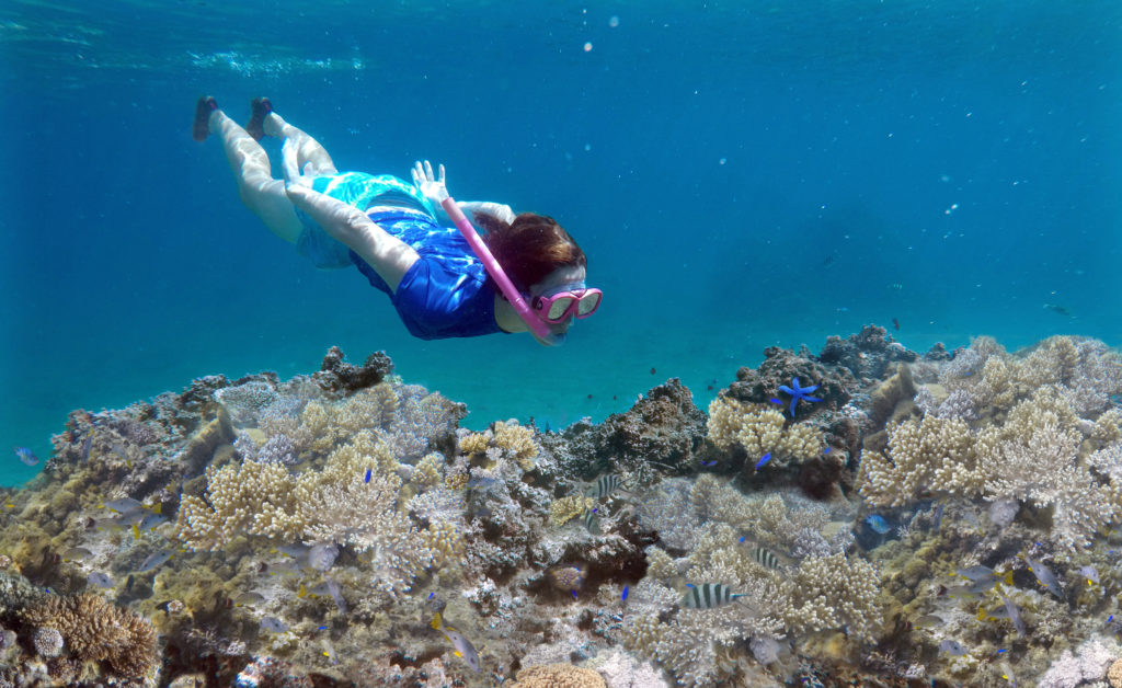Young woman snorkeling underwater over a coral reef in Fiji