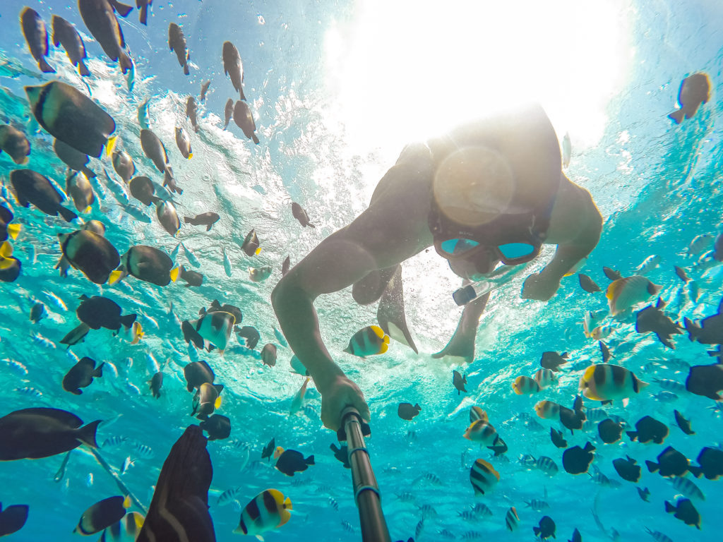 Snorkeling in turquoise waters of Bora Bora, French Polynesia 