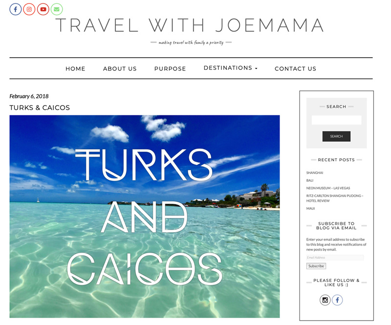 Website snapshot- Travel with Joemama’s “Turks & Caicos”